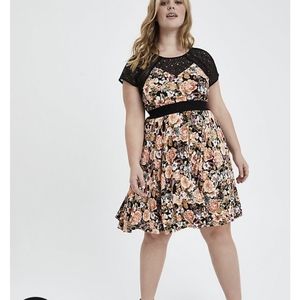 MINI SKATER DRESS - SUPER SOFT FLORAL BLACK WITH LACE INSET